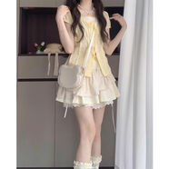 韓菲奴初戀甜妹奶乖穿搭套裝女夏季假兩件收腰襯衫碎花百褶短裙子兩件套 黃色上衣+杏色短裙【套裝】 M