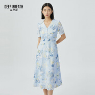 深呼吸DEEP BREATH女裝法式V領氣質(zhì)收腰碎花連衣裙A500197 藍-黃花 M (3碼)