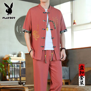 花花公子冰絲短袖T恤套裝男夏季2025新款韓版潮流唐裝漢服中國風(fēng)男裝一套 磚紅色 3XL 適合150-165斤