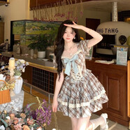 法式復古學(xué)院風(fēng)方領(lǐng)泡泡袖連衣裙夏季甜美少女感蝴蝶結格紋公主裙 3055格紋公主裙 S
