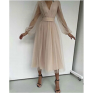 HUALIN FASHION歐美仙女性感深V網(wǎng)紗泡泡袖長裙顯瘦收腰禮服 米色 L