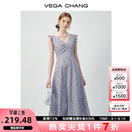 VEGA CHANG法式連衣裙女2025新款夏季碎花裙收腰褶皺小飛袖荷葉邊裙子背心裙 碎花 L