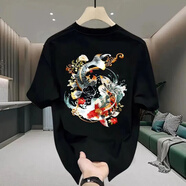 七匹狼中國風潮流重磅短袖T恤-鯉魚花朵男女小眾國潮寬松休閑圓領春夏 棉黑色(25) M
