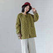 亂在江南休閑文藝范簡約棉服女冬季新品菱格壓薄棉舒適保暖寬松外套 綠色 均碼