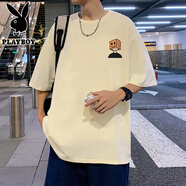花花公子純棉寬松短袖T恤男夏季2025新款卡通半袖港風(fēng)chic潮牌男生體恤衫 杏色 M