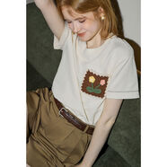 庫恩瑪維（KUHNMARVIN）miu系少女風(fēng)短袖T恤女2025年夏新款別致口袋花朵半袖上衣K38166 米白色 S