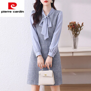 皮爾卡丹（pierre cardin）毛呢連衣裙子女士裝春秋冬2025年新款假兩件小香風長袖中長裙打底 藍色《女神范氣質(zhì)洋氣時髦女裝》 S (95斤以下)