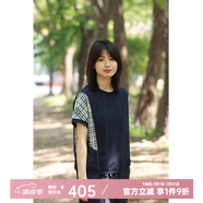 無色無味夏裝新款寬松顯瘦格紋拼接圓領(lǐng)棉彈短袖套頭襯衫上衣女裝t恤 藏藍(lán) L (38)