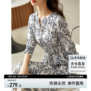 尚都比拉新中式國(guó)風(fēng)連衣裙夏裝青花瓷印花氣質(zhì)收腰顯瘦裙子 白底藍(lán)花 XL