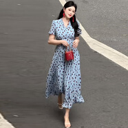 奮斗服飾（FEN DOU FU SHI）連衣裙氣質(zhì)高級感30-40歲穿微胖夏日溫柔碎花漂亮獨特連衣裙法式 藍色碎花連衣裙 贈送運費補貼 M 建議90-105斤