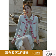 獨(dú)束【紅白格紋系列】大碼女裝連衣裙女秋冬新款胖mm減齡少女兩件套 米杏色 外套 M