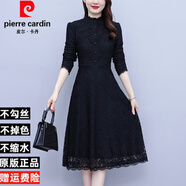 皮爾卡丹（pierre cardin）黑色長袖蕾絲連衣裙女感秋冬季加絨加厚氣質(zhì)打底裙子 黑色 XL 【105-120斤】