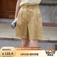 茵曼（INMAN）闊腿五分褲女士夏季新款松緊顯瘦高腰直筒休閑新疆棉短褲 栗卡其 S