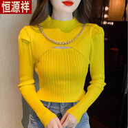 恒源祥半高領鏤空羊毛衫女毛衣泡泡袖秋冬新款時尚百搭針織衫長袖上衣 黃色 -旗艦款 XL 建議115-125斤