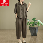 皮爾卡丹（pierre cardin）夏季新款印花文藝復(fù)古棉麻套裝翻領(lǐng)上衣休閑褲長褲亞麻褲 深灰色 XL