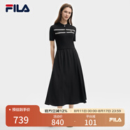 FILA 斐樂官方女裝連衣裙2025夏新款時尚休閑簡約修身短袖連身裙子 正黑色-BK M 165/84A/M