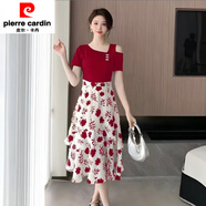 皮爾卡丹（pierre cardin）新款收腰露肩荷葉邊裙子女夏新款胖妹妹顯瘦洋氣假兩件印花連衣裙 酒紅色 L 【90-115斤】
