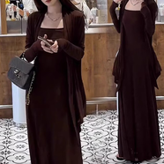 時尚洋裝套裝女士2025年春秋季新款長袖披肩長版吊帶裙兩件套潮 黑色 S S（85-100斤）