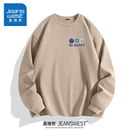 真維斯（Jeanswest）300g重磅t恤男春秋精梳純棉純色長袖打底衫圓領(lǐng)美式休閑衛(wèi)衣體恤 卡其(快樂藍(lán)色胸標(biāo)) L (175) (收藏加購優(yōu)先發(fā))