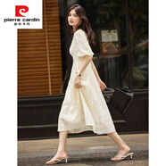 皮爾卡丹（pierre cardin）通勤棉質(zhì)亮絲連衣裙女士2025夏季新款方領(lǐng)收腰泡泡袖連衣裙女長(zhǎng)款 米白 S