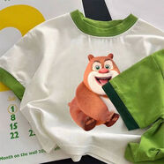 何佳功熊出沒(méi)T恤  夏季新款兒童寶寶卡通熊出沒(méi)童裝短袖T恤小眾百搭寬松 綠領(lǐng)白衣-【熊大】高品質(zhì)布料 均碼 80