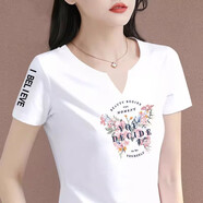 UNAEv領(lǐng)純棉媽媽短袖T恤夏季2025新款寬松遮肚子印花歐洲站歐貨上衣 白色【蝴蝶花YOU+我相信】 S