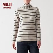 無印良品 MUJI 女式 彈力羅紋編織 高領(lǐng)長袖T恤 BBM01A1A 米色條紋 M