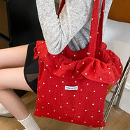 瑜尚臻品慵懶風(fēng)波點(diǎn)紅色荷葉邊雪紡布包包女春夏季帆布包甜美大容量托特包