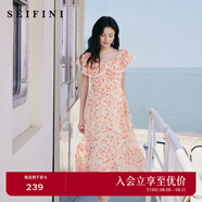詩凡黎（'SEIFINI）【灼灼桃花】詩凡黎粉色碎花軟感荷葉邊吊帶裙娃娃領(lǐng)海邊度假裙女 粉色荷葉領(lǐng) S 155/80A
