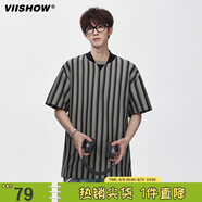 viishow復(fù)古雙拼V領(lǐng)條紋短袖T恤男寬松潮流休閑五分字母印花體恤 灰色 XL