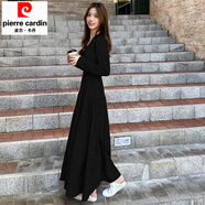 皮爾卡丹2025年新款高個(gè)子春秋超長(cháng)款連衣裙女腳踝氣質(zhì)大碼女裝拖地長(cháng)裙子 黑色 L 107-117斤