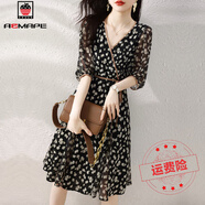 AEMAPE復古碎花連衣裙女2025夏季新款V領(lǐng)撞色拼接減齡裙擺設計感通勤裙 黑色 XL 建議120-135斤