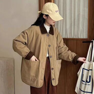 BMOI時(shí)尚個(gè)性大口袋棉衣外套女秋冬季小個(gè)子寬松顯瘦復(fù)古撞色翻領(lǐng)棉衣 卡其色 L 建議90-105斤內(nèi)