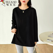 啄木鳥(niǎo)春秋新款中長(cháng)款包臀休閑優(yōu)質(zhì)棉寬松長(cháng)袖T恤女上衣打底衫 黑色  L