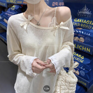 瑜尚臻品 慵懶風(fēng)薄款印花斜肩白色長(zhǎng)袖T恤女夏季微透寬松顯瘦罩衫百搭上衣 罩衣【杏色 均碼】(不含蕾絲內(nèi)衣)