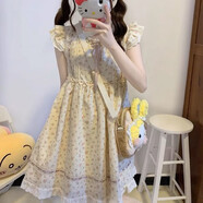 渝鼎福 公主裙連衣裙夏日甜妹初戀小個(gè)子蘿莉裙碎花飛袖小短裙收腰顯瘦 公主短裙女短花邊款(無頭巾） M