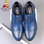 稻草人（MEXICAN）布洛克皮鞋男款英倫風(fēng)商務(wù)正裝男鞋男士休閑皮鞋伴郎新郎結(jié)婚潮鞋 深藍(lán)色 8816 38