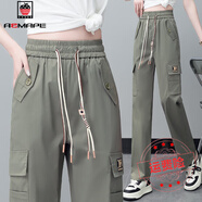 AEMAPE工裝褲女春秋薄款高腰彈力顯瘦直筒褲韓版百搭潮流多口袋休閑褲子 灰綠色 M 建議96斤到105斤穿