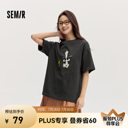 Semir[商場(chǎng)同款]史努比系列短袖T恤女中長(zhǎng)款印花2024新款純棉秋裝 深灰20941 150/76A/XS