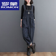 羅蒙（ROMON）韓版文藝復(fù)古休閑百搭牛仔背帶褲女減齡顯瘦春秋簡約哈倫連體長褲 黑色單背帶褲偏大 20 L 建議1-140斤寬松