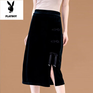 花花公子新中式加絨金絲絨流蘇盤(pán)扣半身裙大碼女裝松緊腰開(kāi)叉保暖打底裙子 黑色 XL