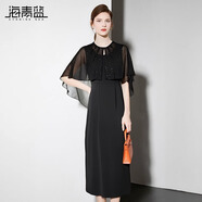 海青藍(lán)連衣裙夏女2025新款無袖披肩女裝高級(jí)拼接時(shí)尚氣質(zhì)裙子 黑色 XL