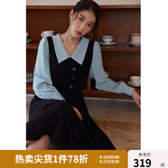 獨束大碼女裝假兩件撞色襯衫領(lǐng)連衣裙女秋冬微胖mm文藝復古穿搭裙子 墨染黑【適合165左右】 M