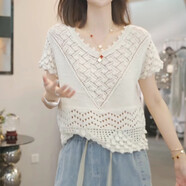 熒蒂（YINGDI）時(shí)尚設計感鉤花鏤空針織短袖T恤女2025夏季新款洋氣休閑顯瘦上衣 白色 XL