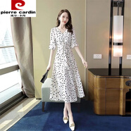 皮爾卡丹（pierre cardin）波點大碼400斤女裝中長款裙子2025夏季新款時尚收腰遮肚子連衣裙 白色 XL 建議115斤-125斤