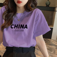 奢娣魅儷純棉短袖T恤女2023年夏季新款韓版圓領(lǐng)學(xué)生顯瘦ins印花潮 紫CHINA XL【建議120-135斤】