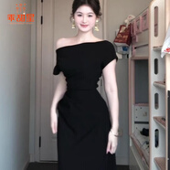 乖甜星赫本風(fēng)法式黑色一字肩連衣裙子女裝夏季2025新款氣質(zhì)收腰包臀長(cháng)裙 黑色 2XL