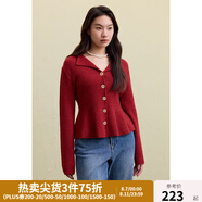 獨束大碼女裝針織衫V領紅色毛衣女2024冬大碼胖mm泡泡袖收腰上衣 復古紅 XL (尺碼：3)