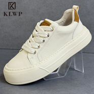 KLWP輕便男鞋新款輕奢真皮舒適運動休閑板鞋潮流百搭透氣厚底增高潮鞋 白色 41 (255mm)