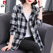 皮爾卡丹純棉格子襯衫女裝2025年春秋新款連帽長(cháng)袖上衣大碼中長(cháng)款襯衣外套 寶藍白格紋 M (建議85-105斤)